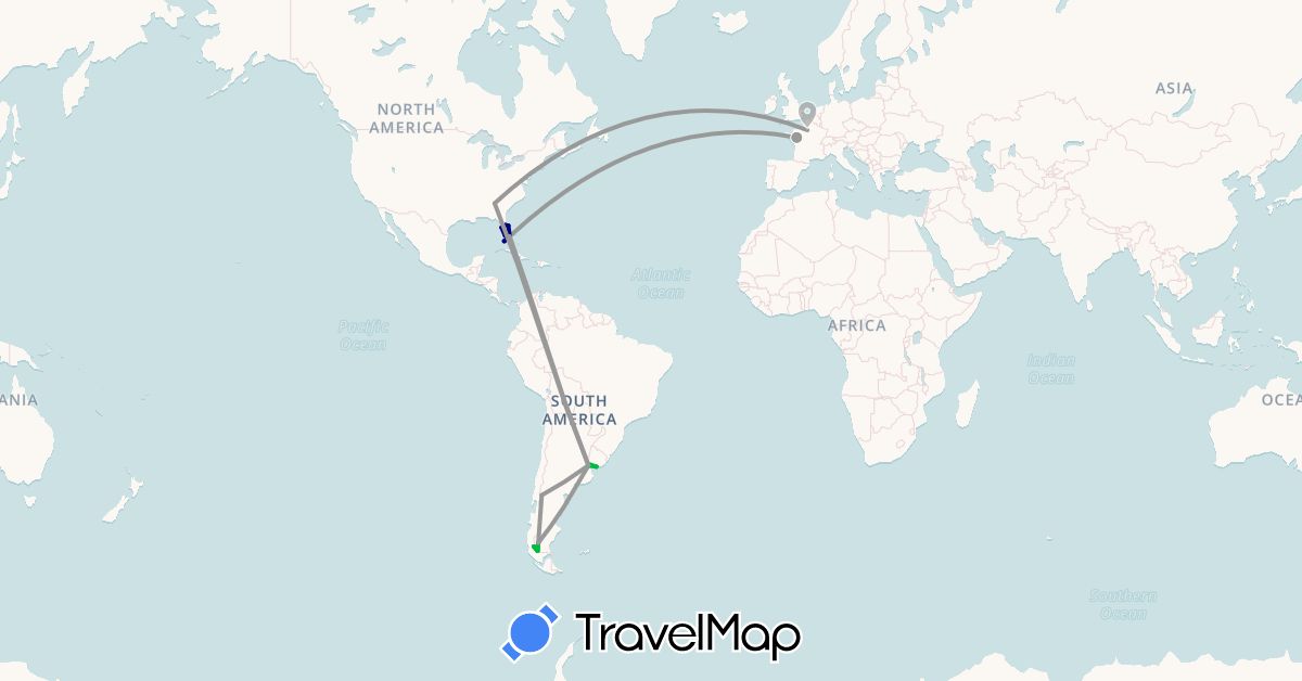 TravelMap itinerary: driving, bus, plane, boat in Argentina, Chile, France, United States, Uruguay (Europe, North America, South America)